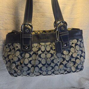 SOLD - Coach Signature Monogram Pleated Soho Tote Shoulder Bag Navy and Tan